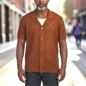 Sandstone Man’s Rust Pointelle Knit Short Sleeve Sweater Sz M